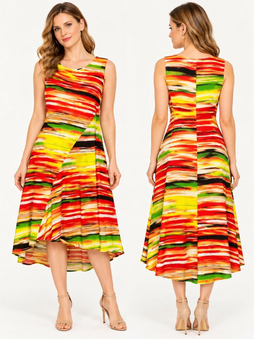 Ellen Tracy Multicolor Abstract Print High Low Sleeveless Dress 22W